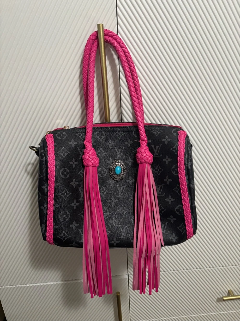 Pink-Accent Monogram Tote Bag with Tassel and Torquoise Detail